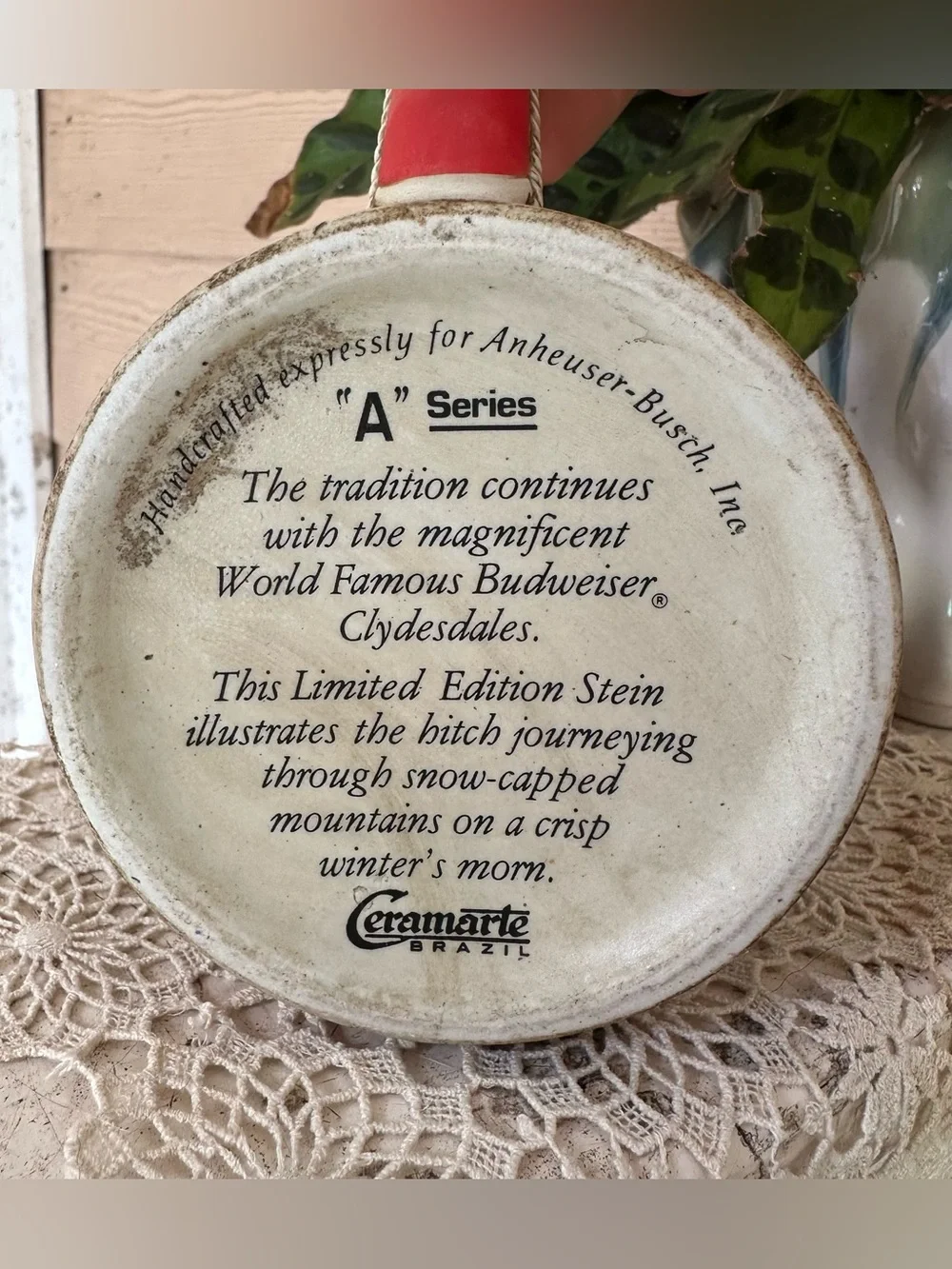 Vintage 1985 Budweiser Clydesdale Horses “A” Series stein Handcrafted in Brazil